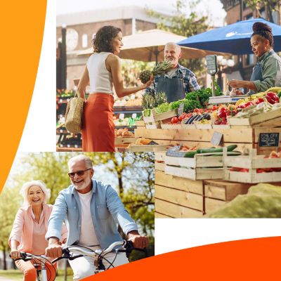 Collage of people riding bikes and at a farmers market