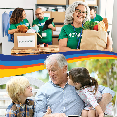 Collage of people volunteering and a grandfather with his grandkids