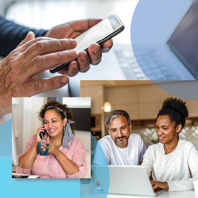 Collage of people on their phone and looking at a laptop