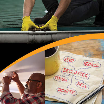 Collage of a to-do list, a person checking a smoke detector and a person cleaning out a gutter