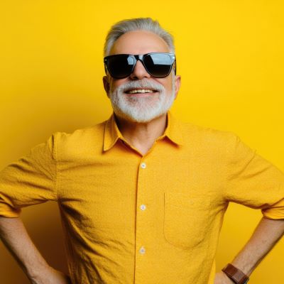 Person in a yellow shirt wearing sunglasses in front of a yellow background