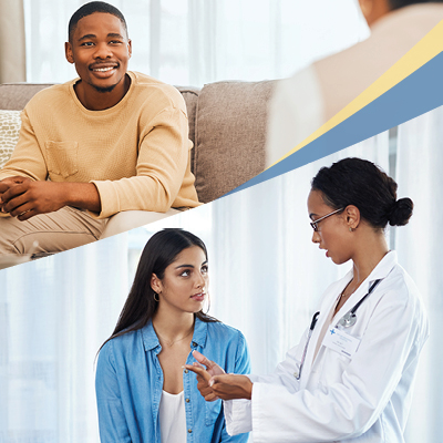 Collage of doctors talking with patients