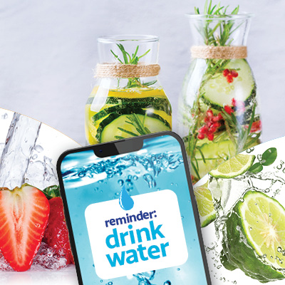 Collage of fruit and water and text on a smartphone saying "reminder: drink water"