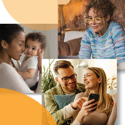 Collage of person holding a baby and people looking at laptops and phones