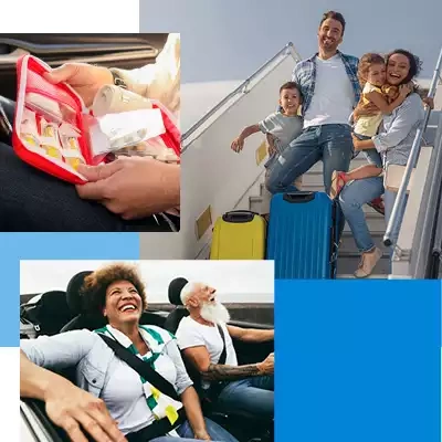 Collage of people traveling and holding a first aid kit